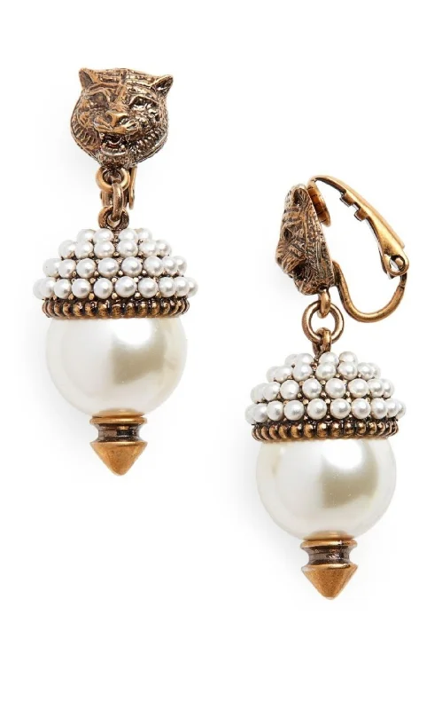 Ladies Earrings Wrap Around -Feline Head Pearl Drop Earrings