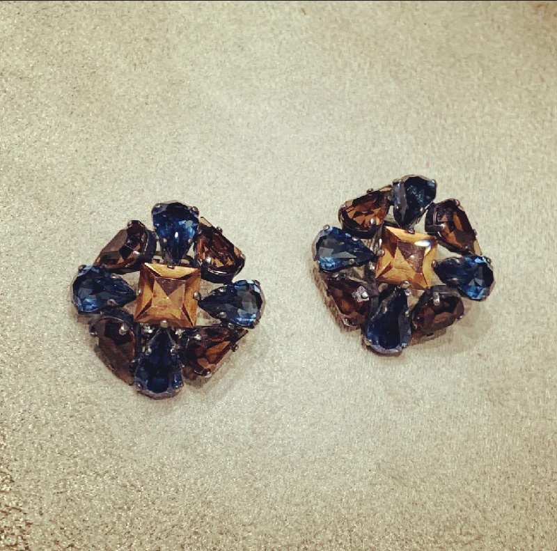 Ladies Earrings Tiny -Christian Dior Vintage Earrings 1962 blue and brown