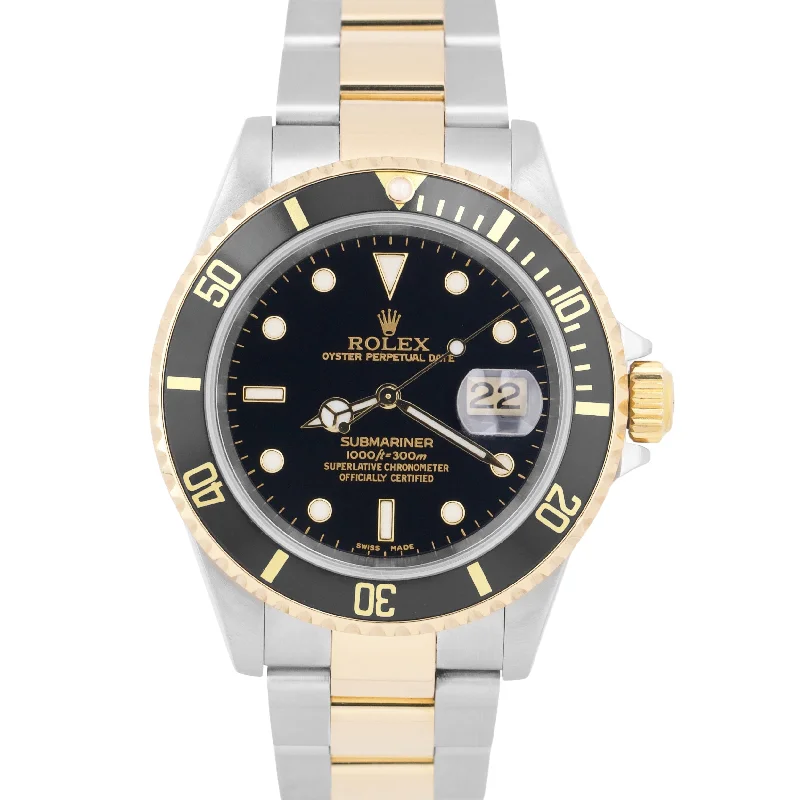 Unisex watch pre-owned market -PAPERS Rolex Submariner Date 40mm BLACK 18K Yellow Gold NO-HOLES Steel 16613 BOX