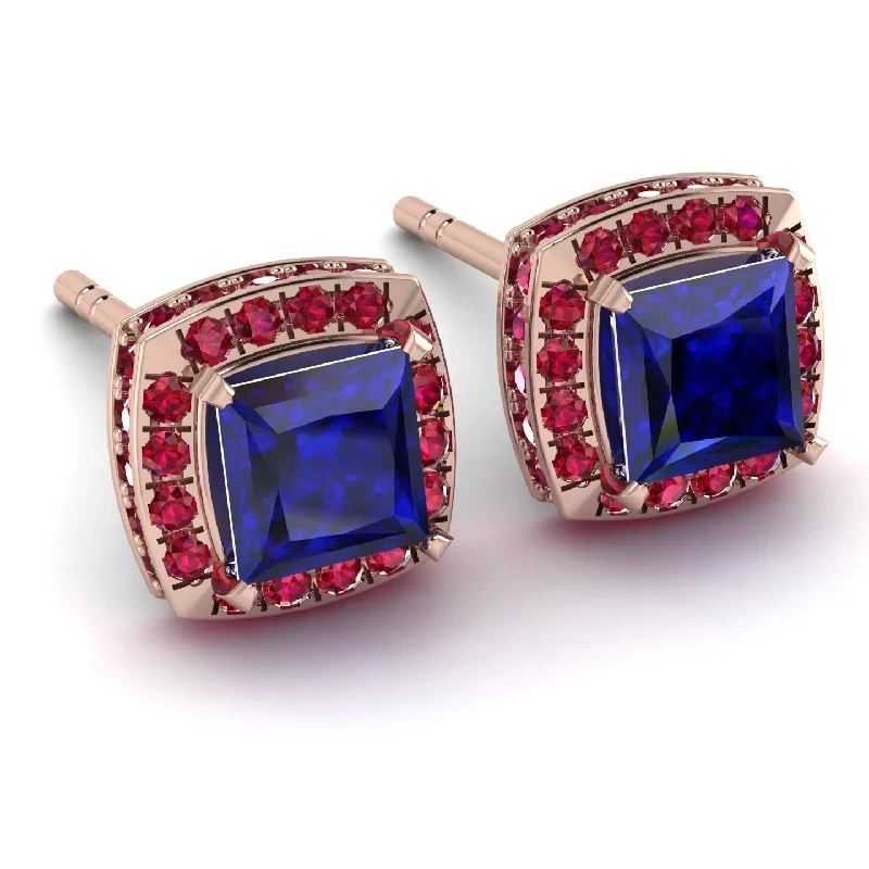 Ladies Earrings Multi Wear -Hidden Halo Princess Sapphire Earrings - Georgia No. 59