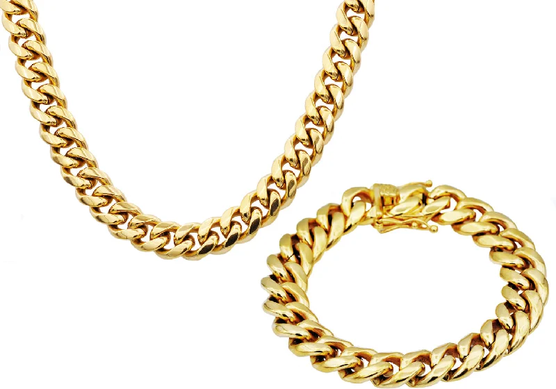 Custom necklaces for women-Mens 14mm Gold Stainless Steel Miami Cuban Link Chain With Box Clasp Set