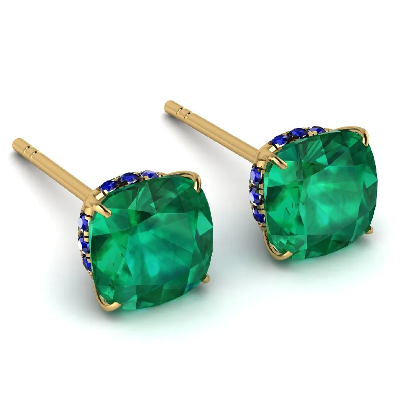 Ladies Earrings Ethnic -Hidden Halo Cushion Emerald Earrings - Alivia No. 64