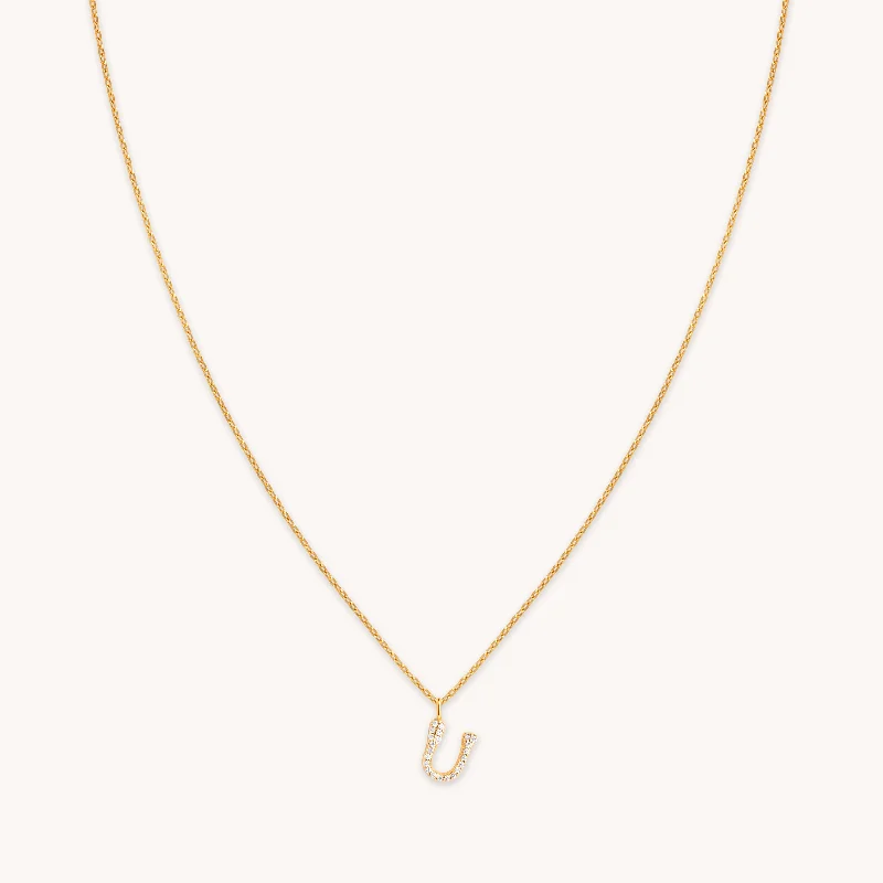 Colored gemstone necklaces for women-U Initial Pavé Pendant Necklace in Gold