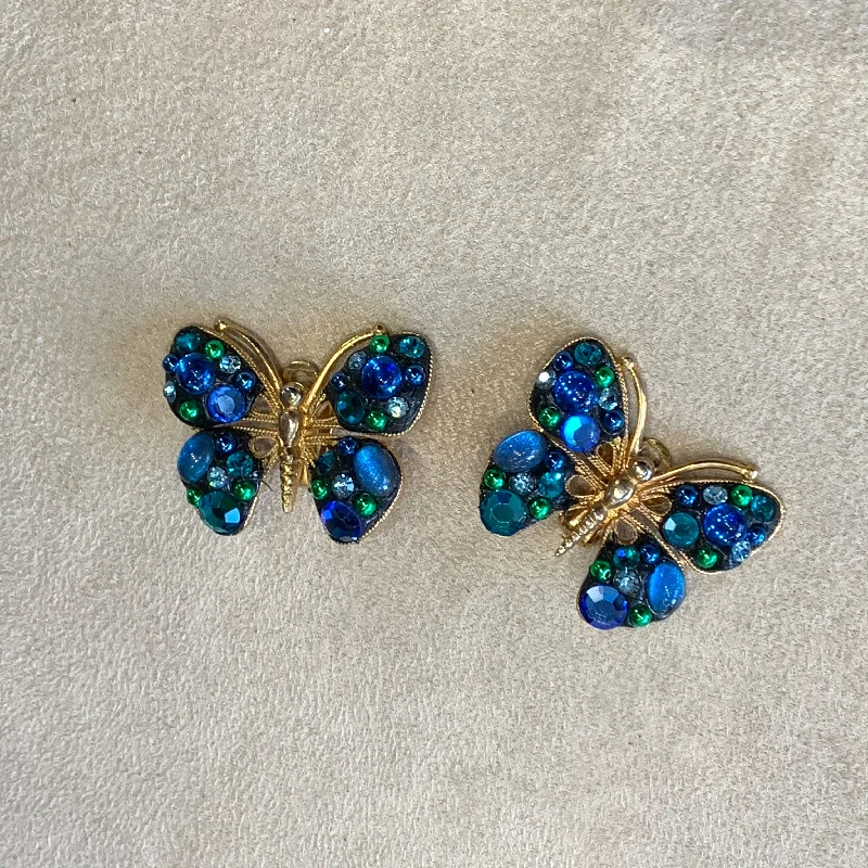 Ladies Earrings Embossed -Blue butterfly vintage French clip on earrings