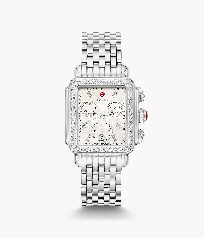 Unisex watch charging type -Michele Deco Stainless Mother of Pearl Diamond Watch