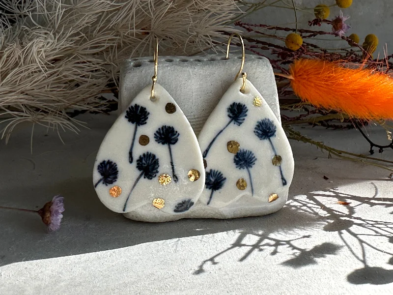 Ladies Earrings Mature -Hand Painted Dandelion Porcelain Earrings with gold dots