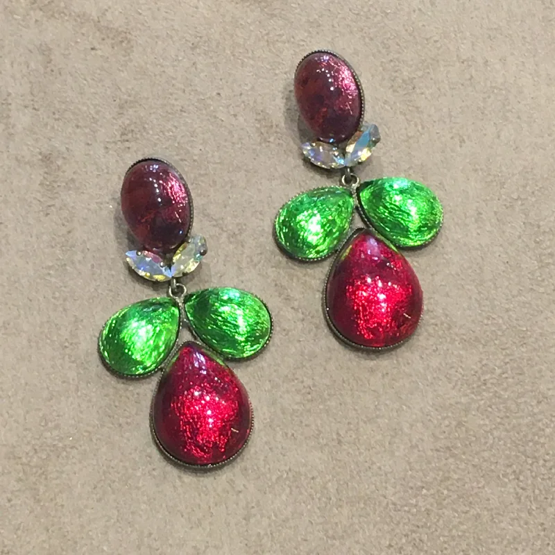 Ladies Earrings Hybrid -Foiled glass Red, green statement earrings by Frangos