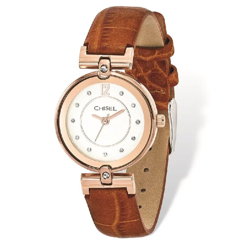 Unisex watch strap swap -Ladies Chisel IP Rose-plated White Dial Brown Leather Watch