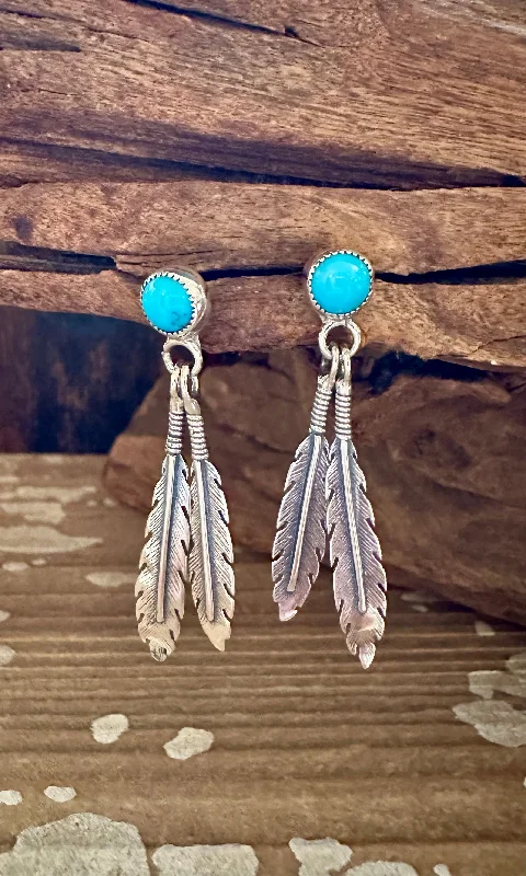 Ladies Earrings Static -FEATHER CHARMS Silver and Turquoise Dangle Earrings