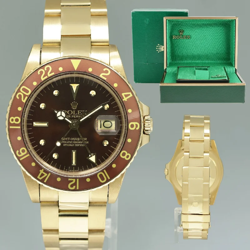 Unisex watch Android compatible -1980 Rolex Root Beer 1675 Yellow Gold GMT Master Brown Nipple Jubilee Watch Box