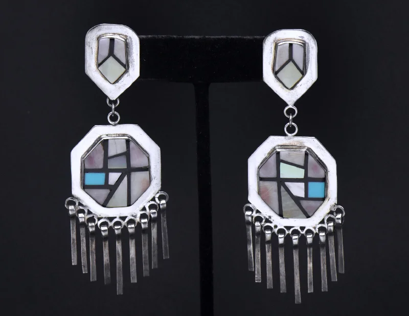 Ladies Earrings Mineral -Vintage Handmade Sterling Silver Inlaid Dangle Earrings