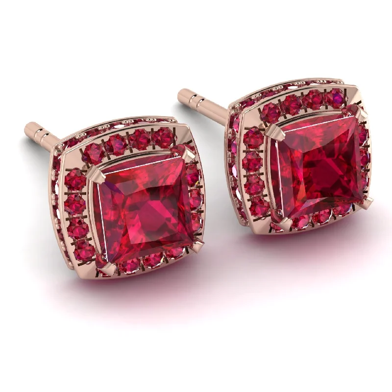 Ladies Earrings Stackable -Hidden Halo Princess Ruby Earrings - Georgia No. 56