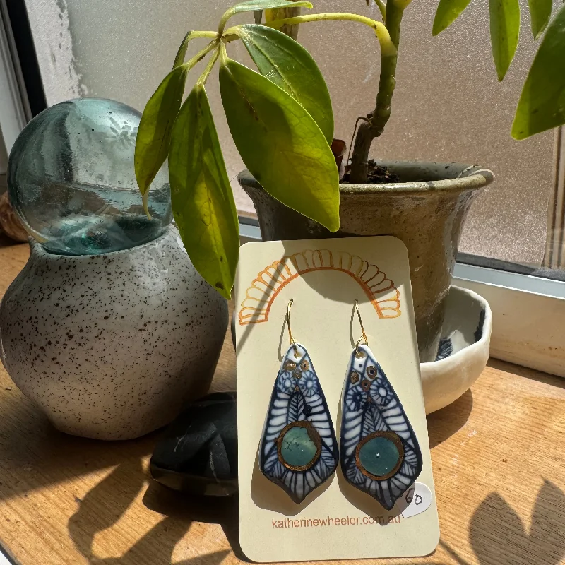 Ladies Earrings Daytime -Hand Painted Porcelain Indigo Earrings