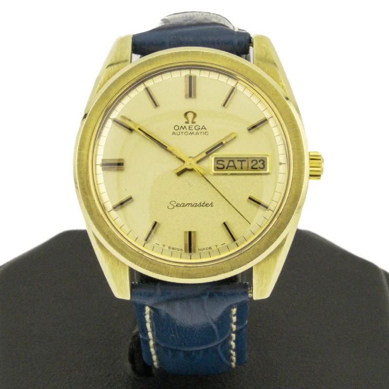 Unisex watch glow-in-dark -Vintage Omega Seamaster in Stainless Steel and 14K Yellow Gold Filled with Genuine Leather Blue Band