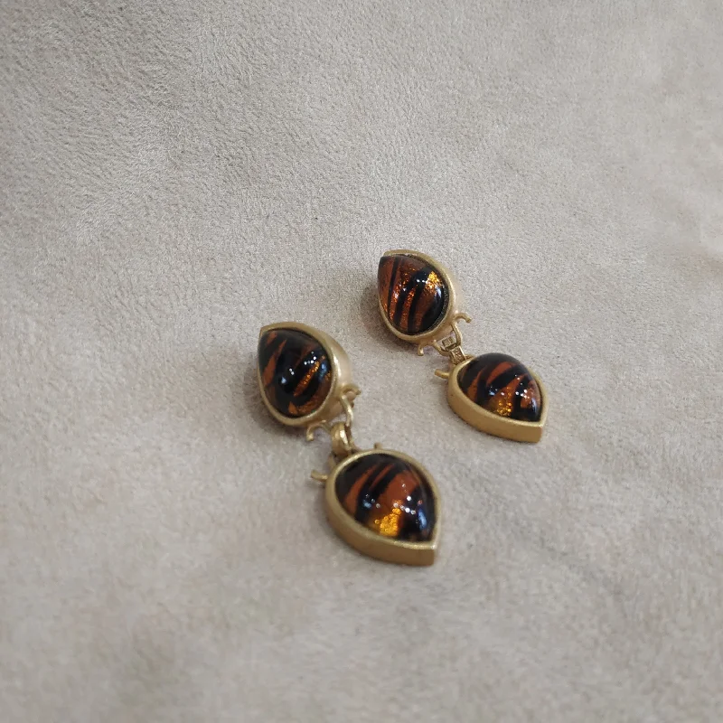 Ladies Earrings Suede -Rima Ariss Amber  Foil Glass Clip On Drop earrings