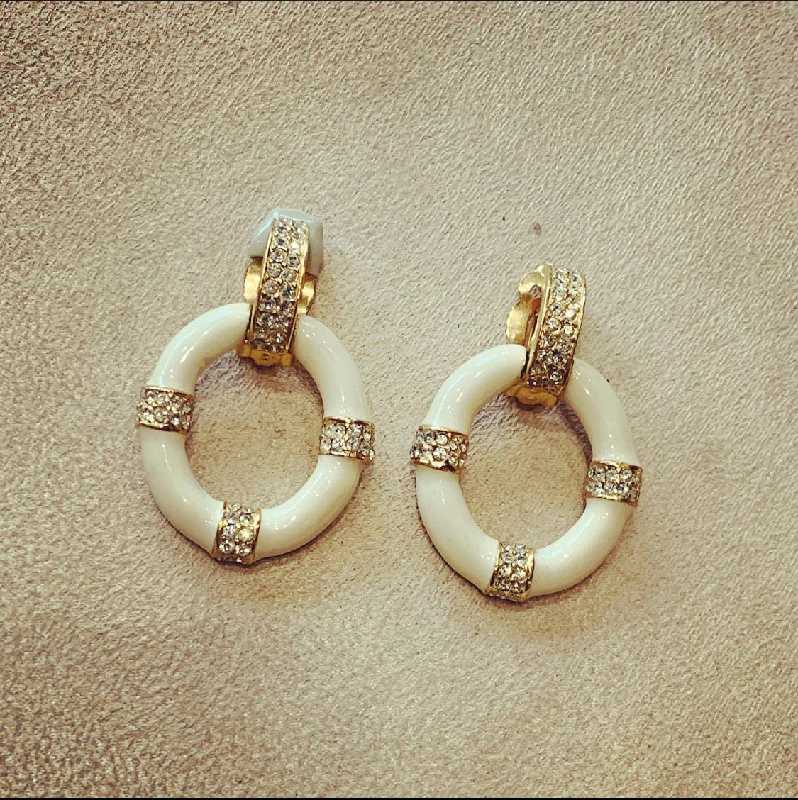 Ladies Earrings Forged -Ciner White enamel hoop clip on earrings