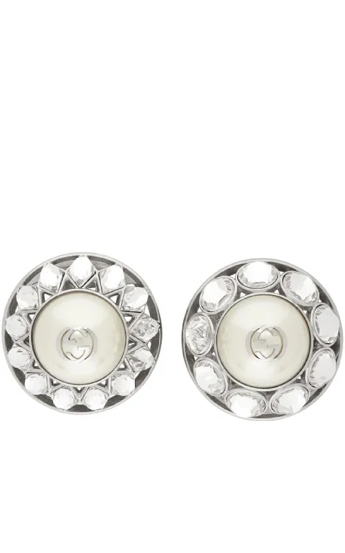 Ladies Earrings Huggie -Silver Crystal & Pearl Interlocking G Earrings