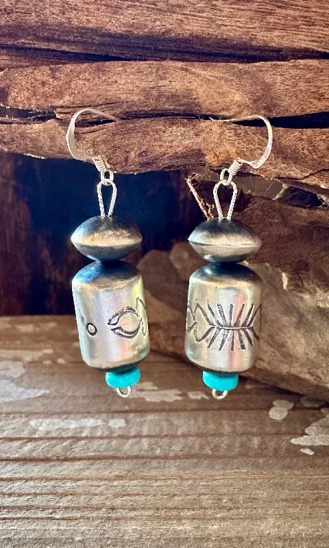 Ladies Earrings Sandy -STERLING SILVER and Turquoise Barrel Earrings • 6g