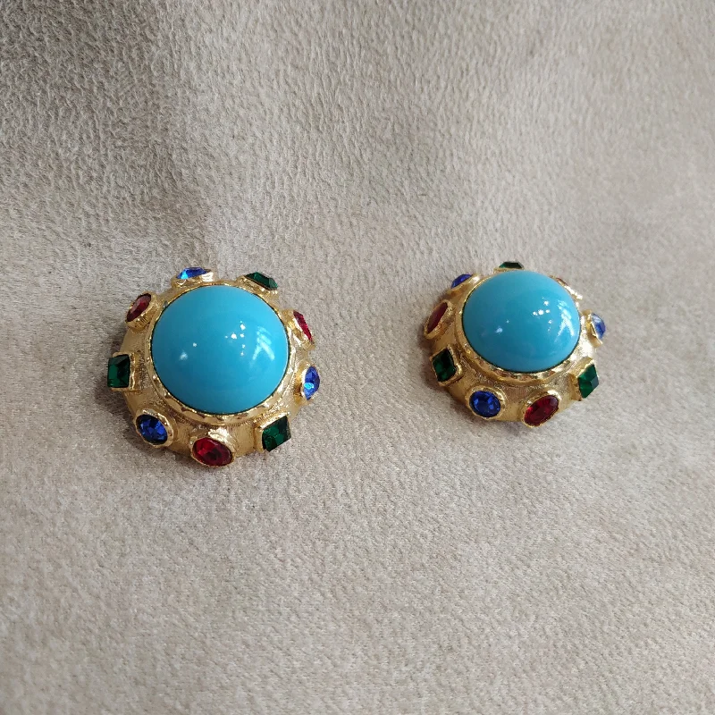 Ladies Earrings Copper -Vintage round multi colour turquoise clip on earrings