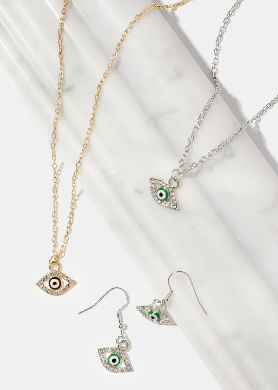 Friendship necklaces for women-Evil Eye Necklace & Earring Set