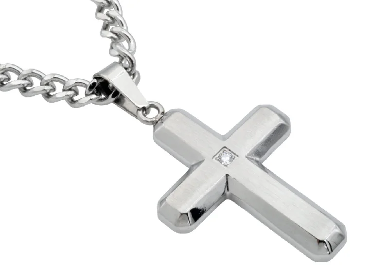 Sparkling necklaces for women-Mens Stainless Steel Cross Pendant Necklace With Cubic Zirconia