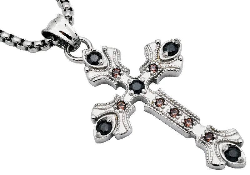 Bar necklaces for women-Men's Stainless Steel Cross Pendant Necklace With Champagne And Black Cubic Zirconia