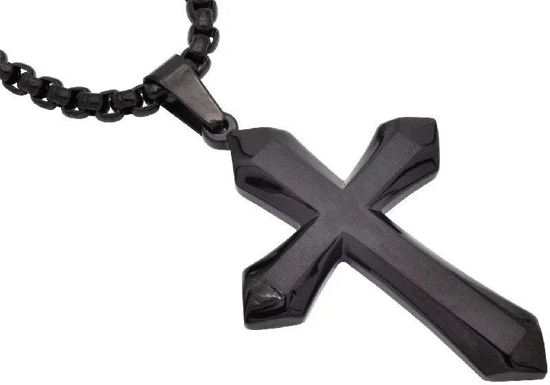 Flower necklaces for women-Mens Black Plated Stainless Steel Cross Pendant Necklace with 24" Round Box Chain