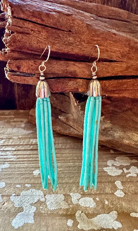 Ladies Earrings Polished Stone -KINGMAN TURQUOISE and SILVER Tassel Earrings • 10g