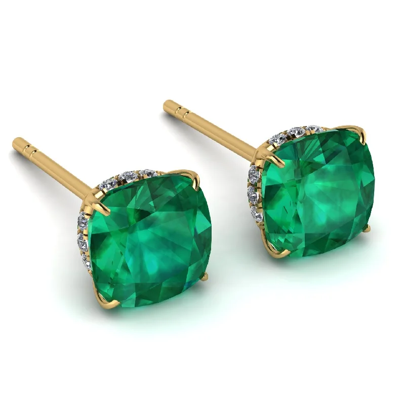 Ladies Earrings Seamless -Hidden Halo Cushion Emerald Earrings - Alivia No. 4