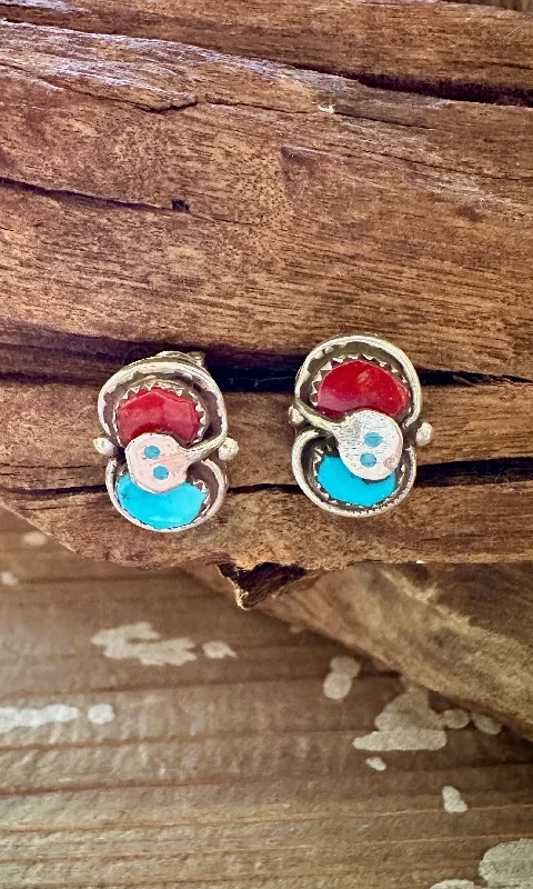 Ladies Earrings Spinning -EFFIE CALAVAZA Zuni Handmade Sterling Silver, Turquoise and Coral Snake Earrings