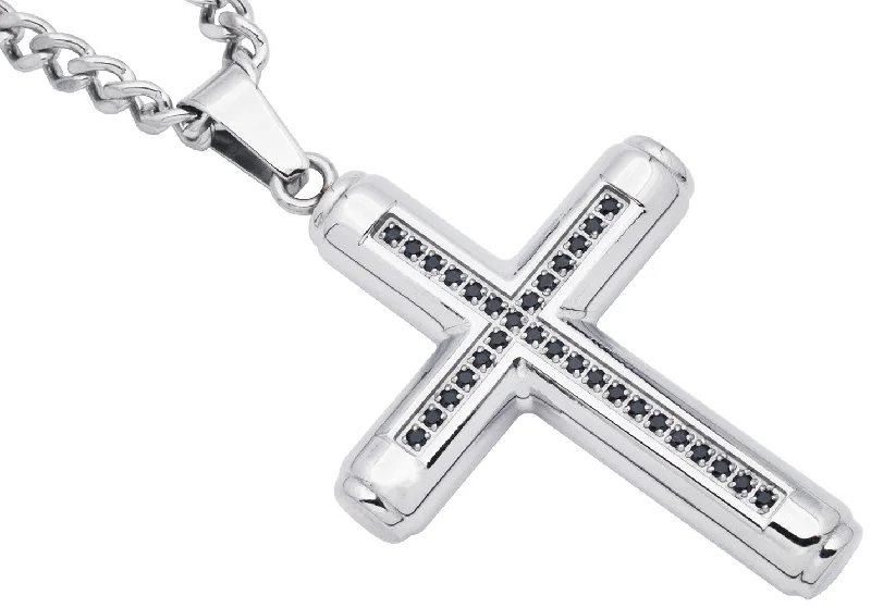 Boho necklaces for women-Mens Stainless Steel Cross Pendant Necklace With Black Cubic Zirconia with 24" Curb Box Chain