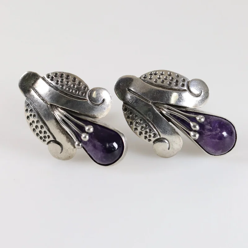 Ladies Earrings Rhinestone -Vintage Mexican Jewelry | Tribal Amethyst Earrings Sterling Silver Pre-Eagle Mark