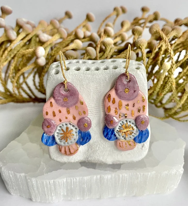 Ladies Earrings Cosmic -Hand Painted Purple, Pink, Blue and Gold Porcelain Earrings