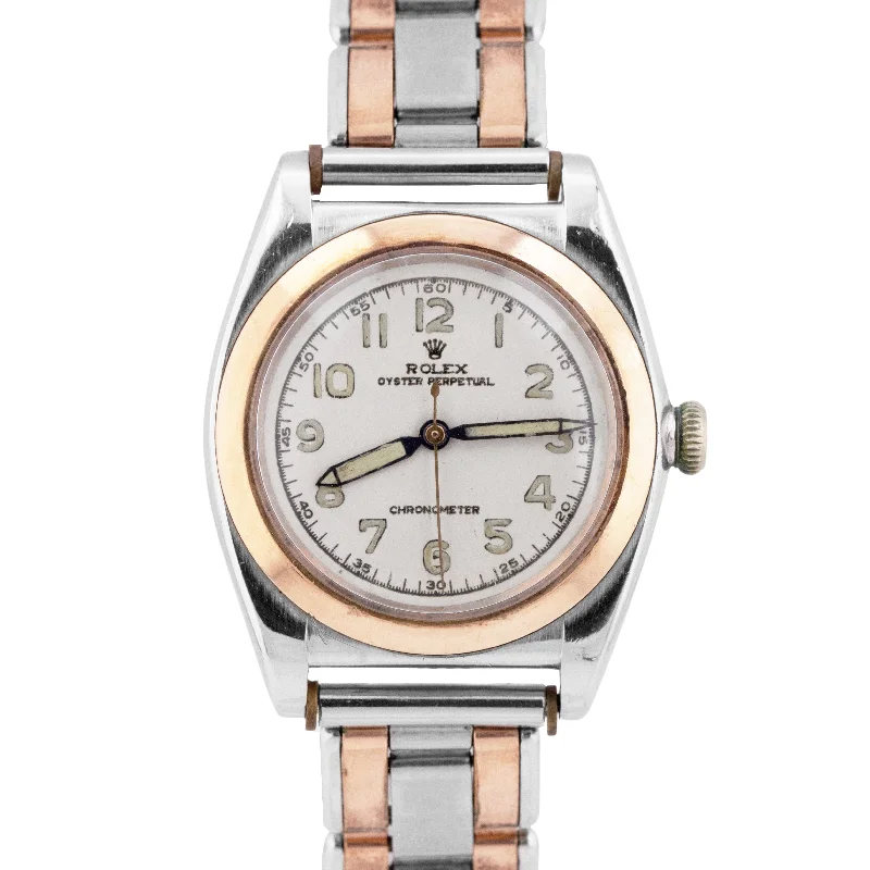 Unisex watch fall favorite -1945 Vintage Rolex Oyster Perpetual ROSE GOLD Bubbleback 32mm White Watch 3133