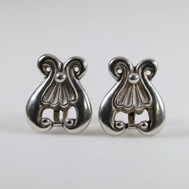 Ladies Earrings Tribal -Los Castillo Screwback Earrings | Taxco Ornate Mid-Century | Vintage Sterling Silver Mexico