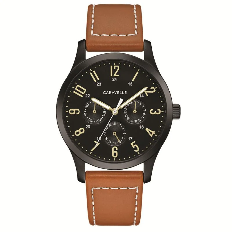 Unisex watch glow-in-dark -TRADITIONAL BLACK STAINLESS STEEL GENTS WATCH WITH CAMEL LEATHER STRAP