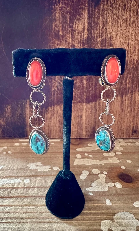 Ladies Earrings Industrial -VINTAGE TURQUOISE and CORAL Clip On Silver Earrings • 10g