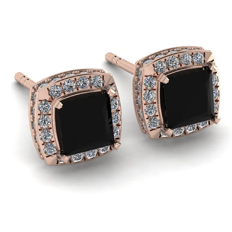 Ladies Earrings Raised -Hidden Halo Princess Black Diamond Earrings - Georgia No. 8