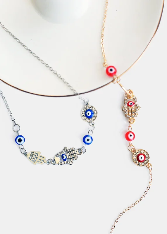 Colored gemstone necklaces for women-Hamsa Hands & Evil Eye Necklace