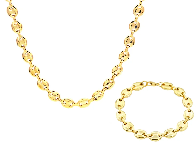 Chunky necklaces for women-Mens Gold Stainless Steel Puff Mariner Link Chain Set