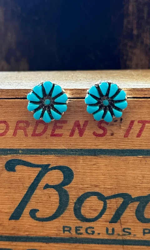 Ladies Earrings Raised -BLOOMING TURQUOISE Zuni Sterling Silver and Turquoise Earrings