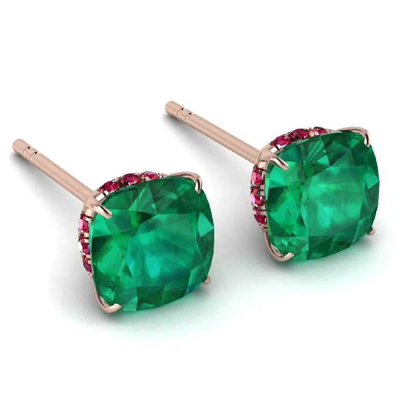 Ladies Earrings Custom -Hidden Halo Cushion Emerald Earrings - Alivia No. 50