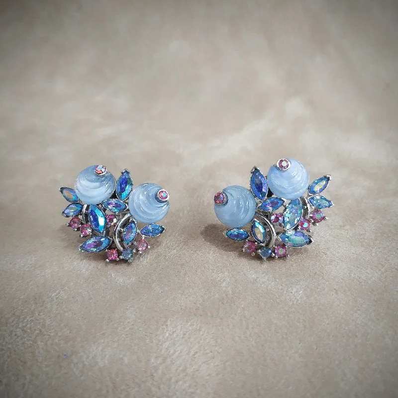 Ladies Earrings Porcelain -Vintage Trifari Blue pink  Berry Earrings