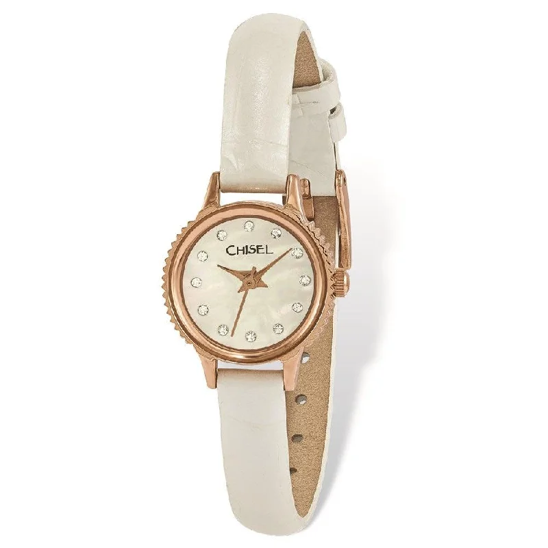 Unisex watch glow-in-dark -Ladies Chisel Rose IP-pltd Stainless Steel Wht Lthr Strap Watch