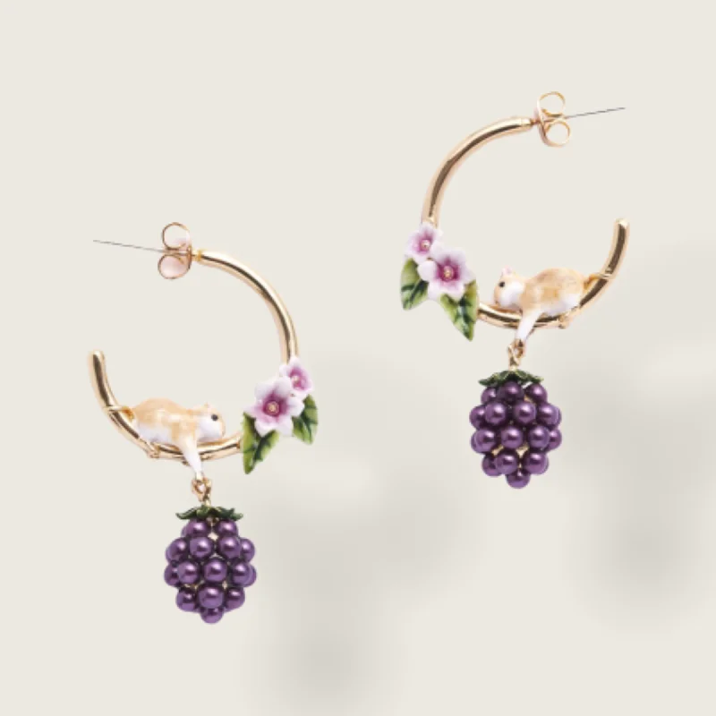 Ladies Earrings Worn -Blackberry and Mouse Hoop earrings