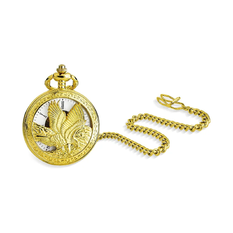 Unisex watch travel companion -Retro Vintage Style Bald Eagle Pocket Watch with Chain - Gold Silver Bronze Finish