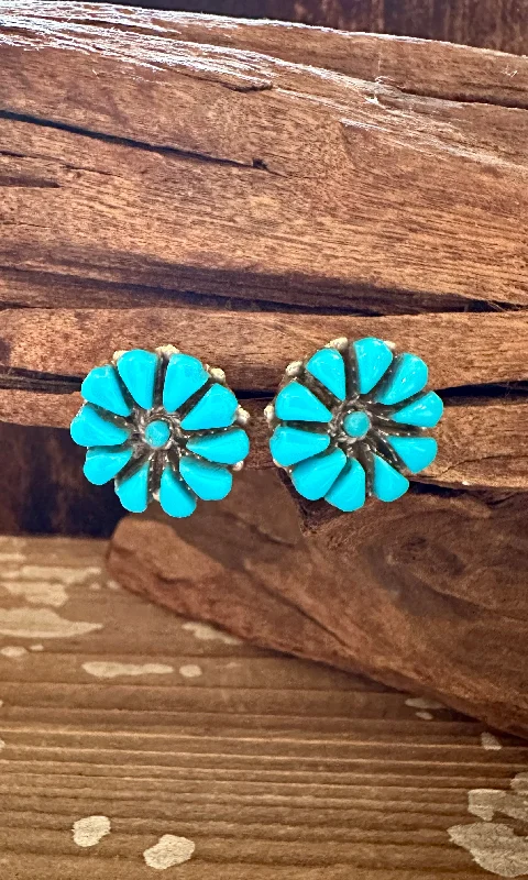 Ladies Earrings Wave -BLUE FLOWER CLUSTERS Sterling Silver & Turquoise Stud Earrings