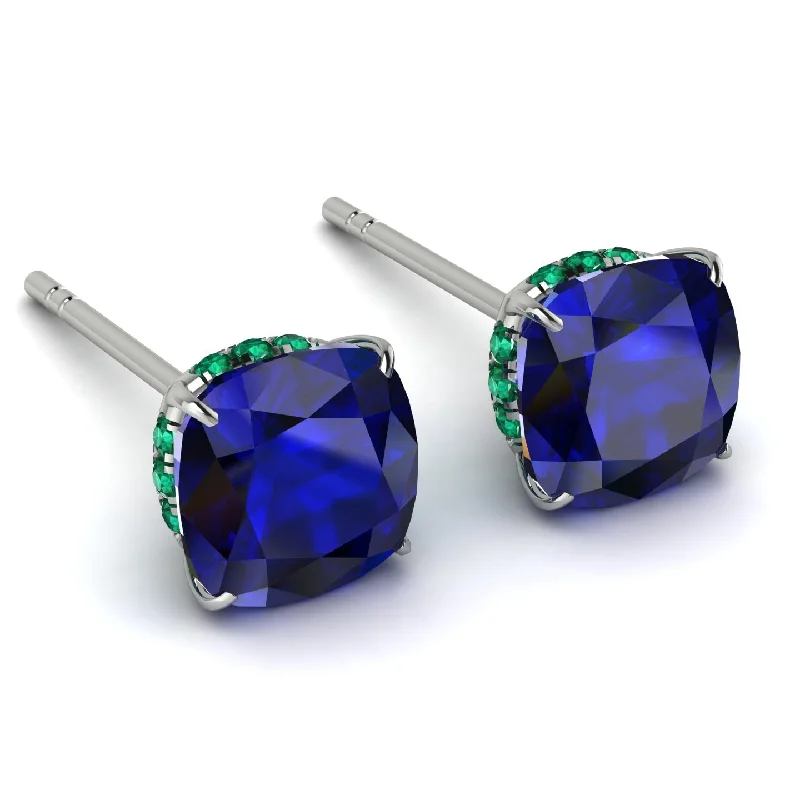 Ladies Earrings Butterfly -Hidden Halo Cushion Sapphire Earrings - Alivia No. 30