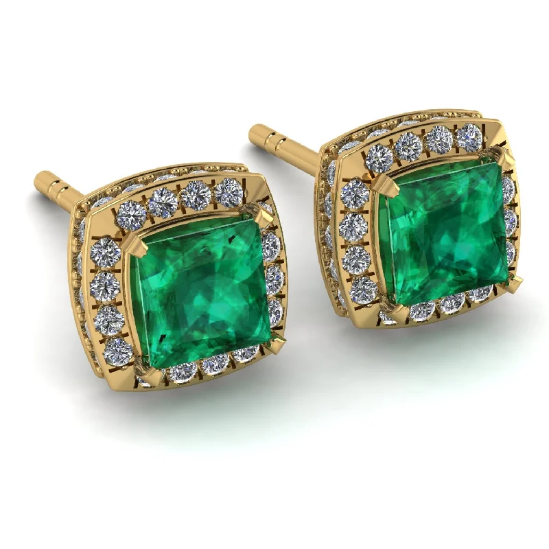 Ladies Earrings Curved Edge -Hidden Halo Princess Emerald Earrings - Georgia No. 4