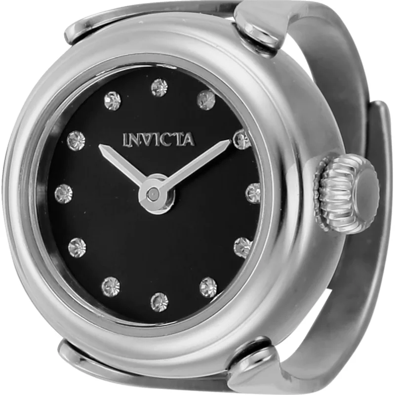 Unisex watch Korean aesthetic -Invicta Women's Quartz Watch Ring - Mini Angel Black Dial Stainless Steel Case | 44481